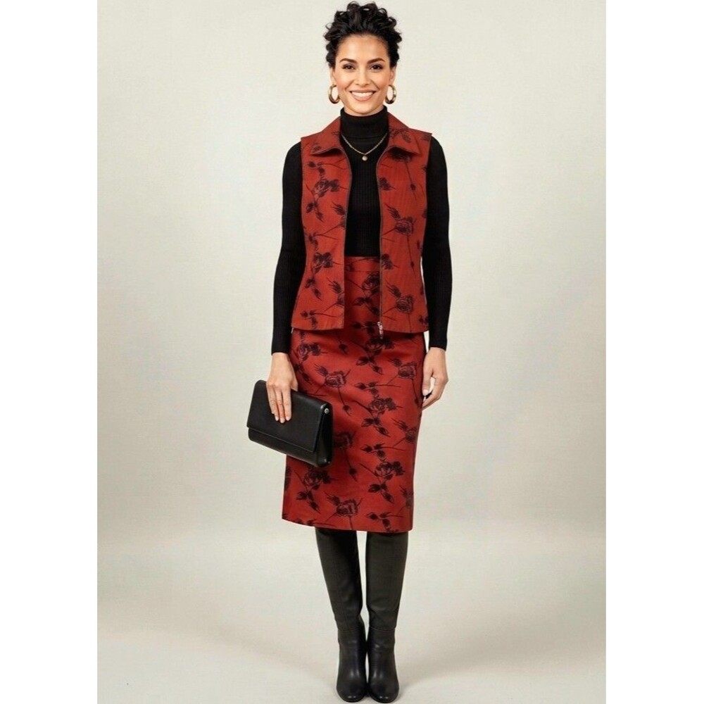 Vintage Briggs Red Black Floral Matching Skirt Sz 12 & Vest Sz 10 Set